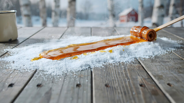 Fresh maple taffy syrup being poured onto clean snow on a wooden outdoor table