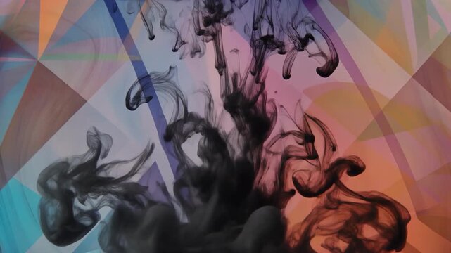 Black cat leaping through colorful geometric shapes in motion