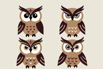 Fototapeta premium Set of four brown cute cartoon owls with different facial expressions and eye details isolated on a neutral background.