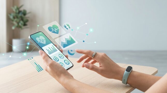 Person using smartphone health app with wearable fitness tracker, monitoring heart rate and sleep patterns via mobile device
