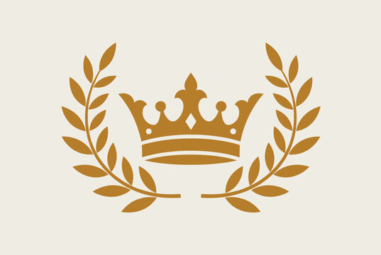 Golden royal king crown icon enclosed within a classic circular laurel wreath isolated on a clean cream background.