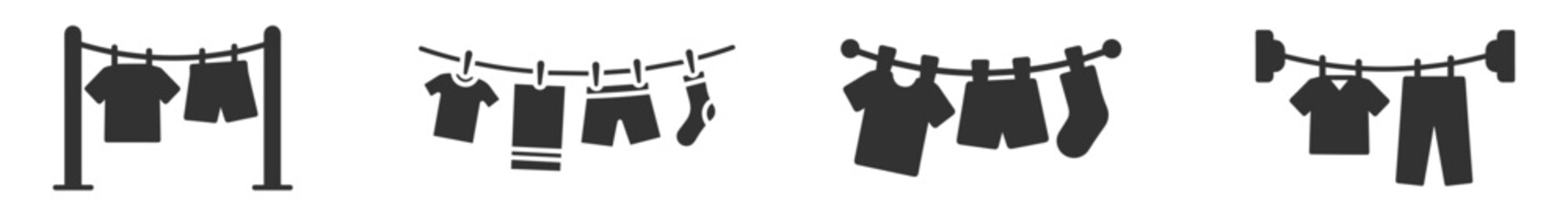 clothes hanging on wire rope drying line set of four vector icons on transparent background © Наталья Перова