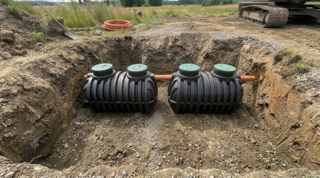Installation of a plastic septic tank system in an open excavation pit