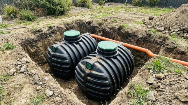 Two black plastic septic tanks installed in an excavated trench in a yard