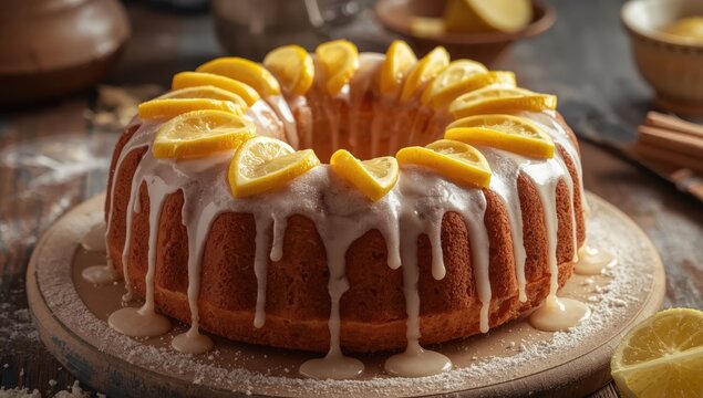 Buttery lemon pound cake drizzled with glaze and garnished with lemon slices, featuring a golden crust.