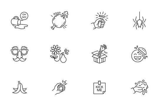 Set of April Fools Day prank and practical joke line art icons including hand buzzer banana peel jack-in-the-box and kick me sign isolated on white background