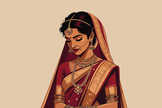 Portrait of a beautiful Indian woman wearing traditional red and gold bridal saree with elegant jewelry.