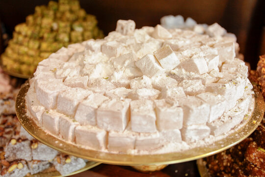 Traditional Turkish Delight Candy on Display