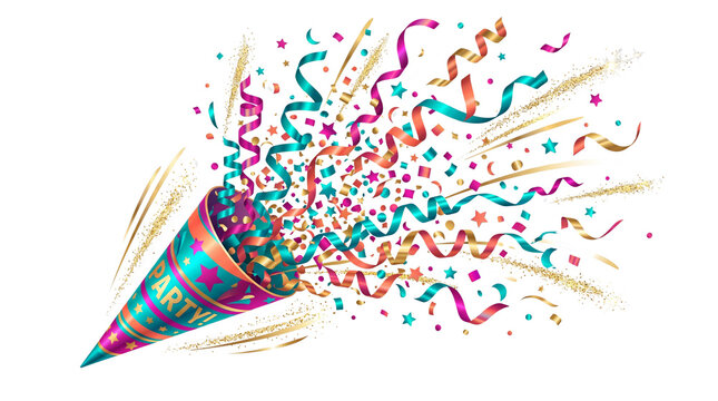 Colorful party popper exploding with confetti and streamers for a celebration event
