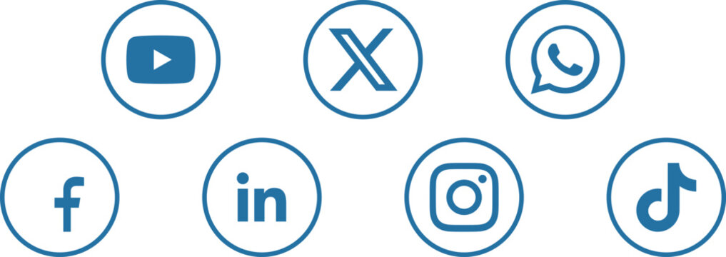 Social media logos in blue outline on transparent background vector.