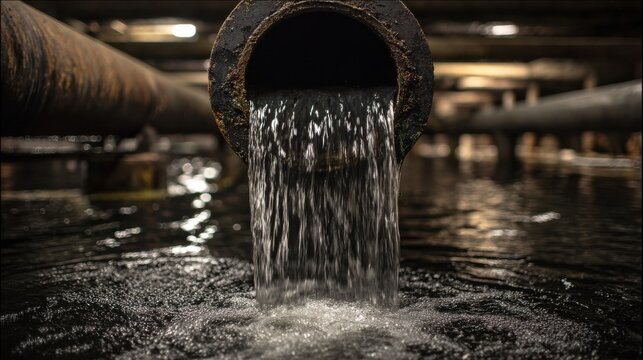 Water pollution from industrial drain pipe into wastewater treatment facility
