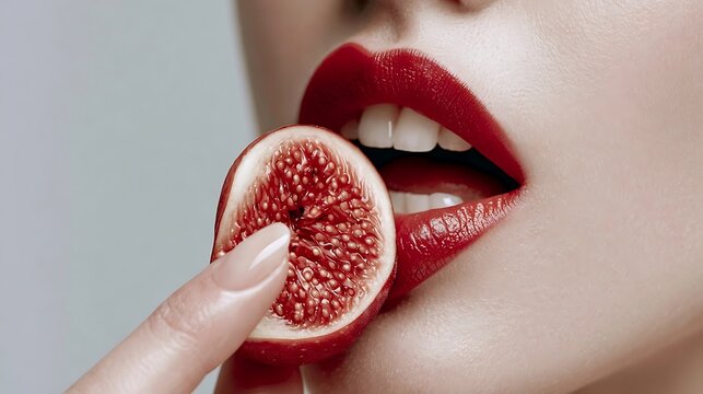 Close-up of a womans red lips about to eat a fresh fig slice.