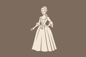 Fototapeta premium Beautiful sketch of an elegant woman in an eighteenth century historical gown on a solid brown background.