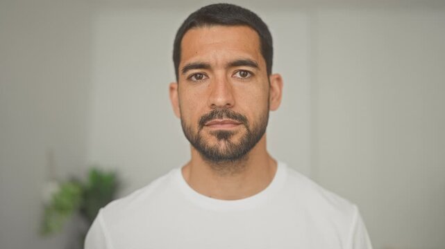 Man with beard in white t shirt looks at camera showing bare face and direct gaze in studio; quiet contemplation.