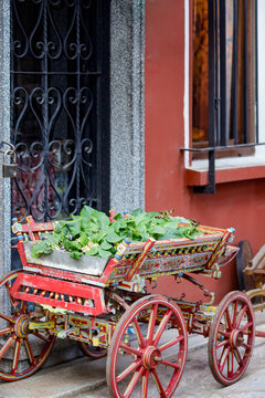 Flower Cart Beside Red Building