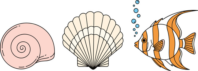 Tropical Marine Life Vector Icon Set with Striped Angel Fish, Scallop Seashell, and Spiral Snail Shell for Summer Beach Posters and Aquarium Branding Designs © MdMizanur