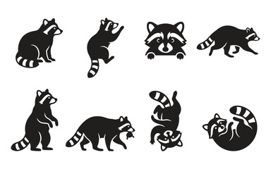 A collection of eight ultra-minimal raccoon silhouettes in a vector style, featuring various poses and designs. © Creative_Art