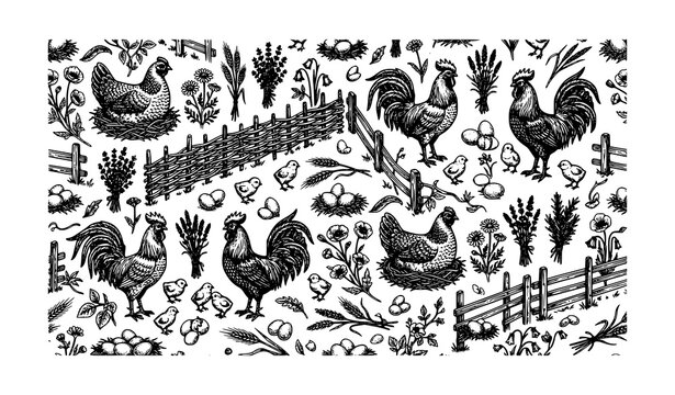 Vintage Chicken Farm Seamless Vector Pattern with Roosters Hens Flowers and Organic Food Elements