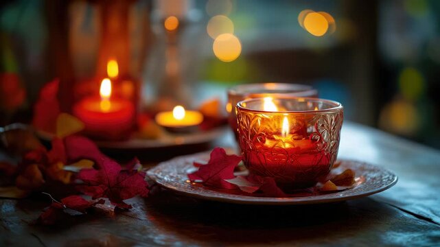 Warm glowing votive candle in a decorative glass bowl on a plate surrounded by red leaves and soft bokeh, creating a cozy intimate ambiance