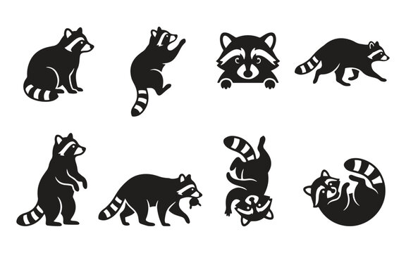A collection of eight ultra-minimal raccoon silhouettes in a vector style, featuring various poses and designs.