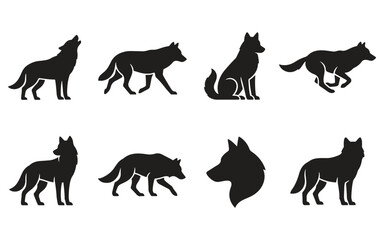 A collection of eight ultra-minimal wolf silhouettes in a simple vector style. © Creative_Art