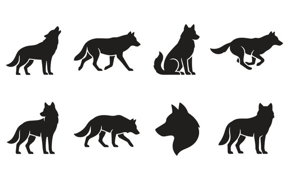 A collection of eight ultra-minimal wolf silhouettes in a simple vector style.