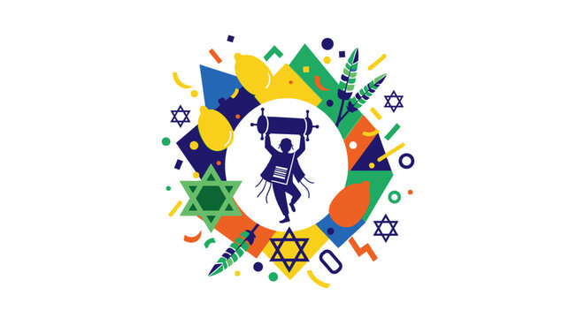 A festive Jewish Simchat Torah illustration featuring a person dancing with a Torah scroll.