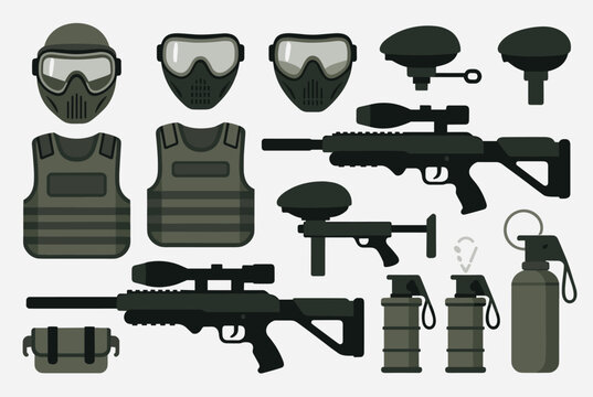 Collection of flat vector icons representing paintball and airsoft military gear including rifles, masks, and vests.