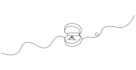 Obraz premium Continuous one line drawing of an engagement ring in an open box.