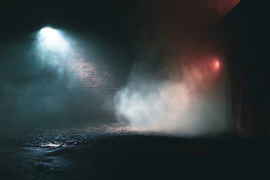Dramatic spotlight beams illuminating smoky dark atmosphere with textured ground.