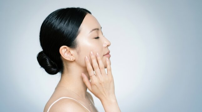 Side profile of a young woman touching her smooth, glowing skin