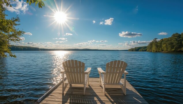 Lovely bright morning, two white chairs on a wooden dock overlooking the blue lake in Muskoka, Ontario.