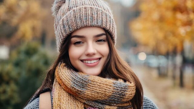 Smiling young woman wearing a knit hat and scarf outdoors in an autumn park, cozy fall portrait with backpack and a blurred tree-lined path