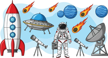 Astronaut Outer Space Vector Illustration Set with Rocket Ship, UFO Spaceship, Satellite Dish, Telescope, Comet Meteorites, and Planets for Science Education Graphics © MdMizanur