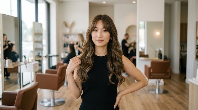 Portrait of a young woman with long wavy brown hair in a hair salon