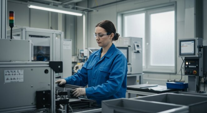 Woman engineer working in factory. Employee operating automated production line in manufacturing facility. Industrial safety concept.