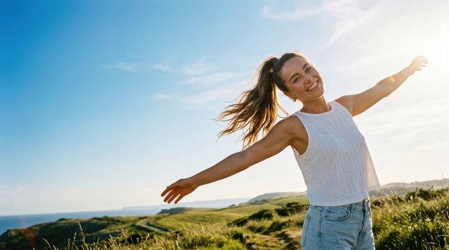 Happy woman with arms outstretched enjoying the sun in a coastal landscape