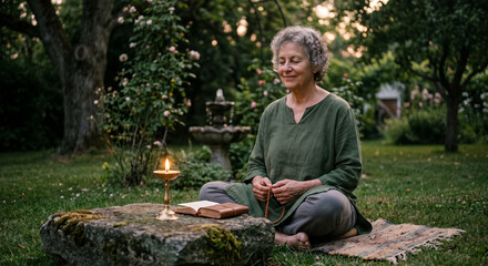 Obraz premium Mature woman practicing meditation with prayer beads, candle, and book in a peaceful green garden setting.