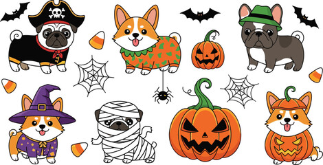 Obraz premium Cute Halloween Dog Vector Icon Set with Corgi, Pug, and French Bulldog in Spooky Costumes, Pumpkins, Bats, and Webs for Autumn Party Designs
