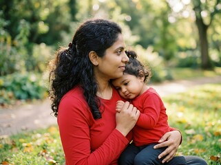 Fototapeta premium Indian mother hugging her little daughter in a sunny park