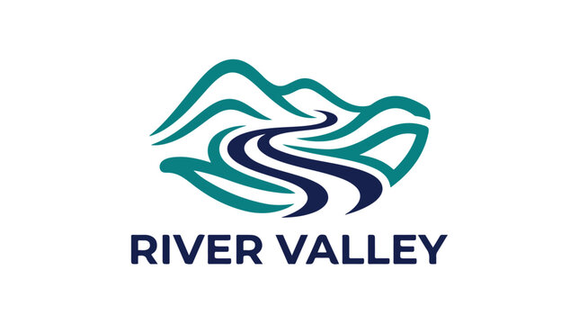 Minimalist river valley landscape logo design featuring flowing water and mountain peaks.