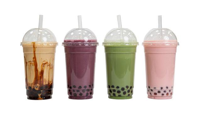 Four plastic cups filled with colorful bubble tea drinks including brown sugar, purple taro, green matcha, and pink strawberry milk tea flavors