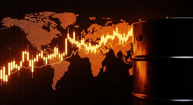 Global oil market analysis with crude oil barrel, glowing financial stock chart and world map background, energy industry economic concept