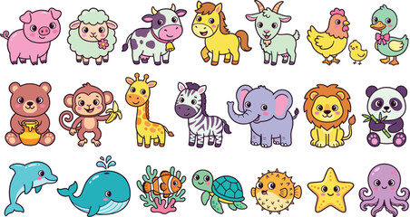Fototapeta premium Cute Pastel Animal Icon Set with Farm, Wild, and Sea Animals Including Pig, Bear, Giraffe, Lion, Panda, Whale, and Octopus for Kids Designs