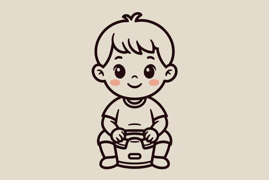 Cute cartoon illustration of a smiling baby boy sitting on a training potty against a soft beige background.