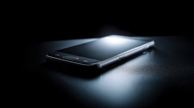Modern smartphone lying on a reflective surface with a bright light source creating shadows and highlights