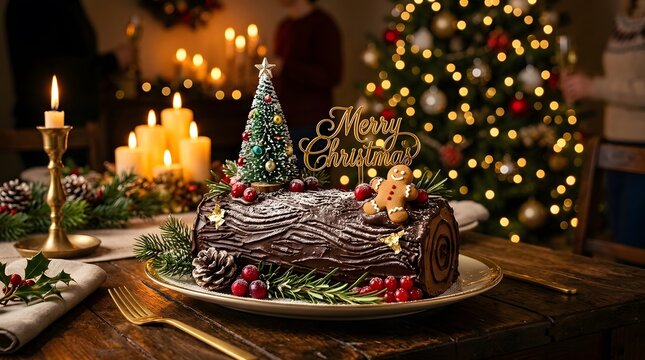Delicious chocolate christmas yule log cake with festive decorations on a wooden table