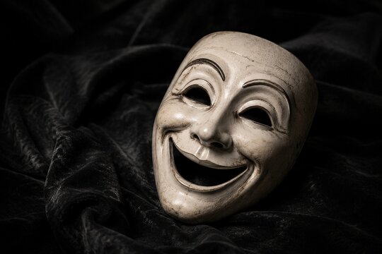 A single theatrical comedy mask resting on dark, textured fabric.