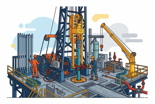 Oil and Gas Drilling Rig Operation Vector Illustration