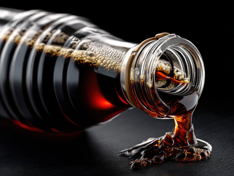 Close-up of a glass soda bottle pou dark carbonated soda with bubbles and liquid spilling on a black surface